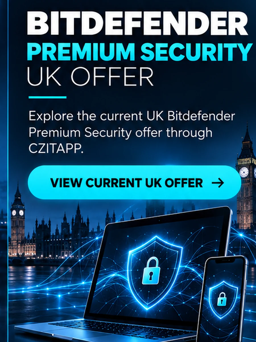 Bitdefender Premium Security UK offer advertisement on CZITAPP